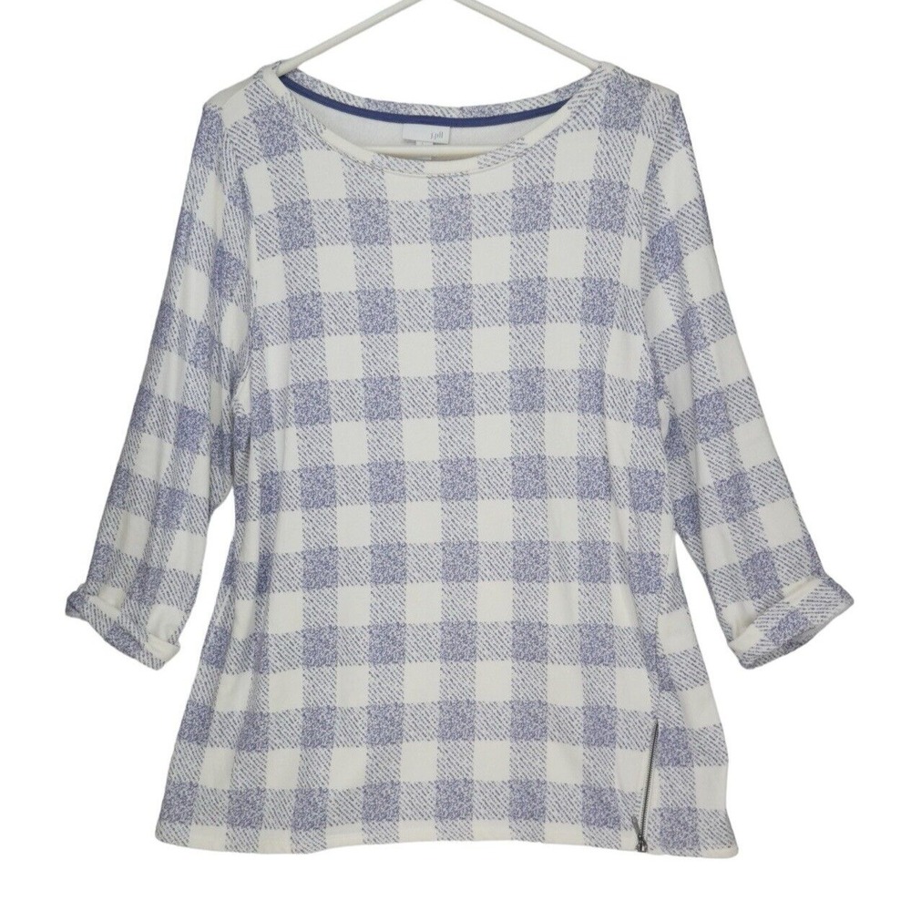 J. Jill Pullover Sweatshirt Top S White Blue‎ Soft Terry Plaid 3/4 Sleeve Casual